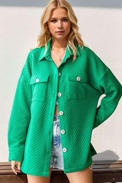 Double Take Full Size Textured Button Up Drop Shoulder Shacket Green