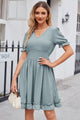 Swiss Dot Frill Trim Flounce Sleeve V-Neck Dress Teal