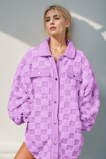 Double Take Button Up Fuzzy Checkered Shacket Lilac