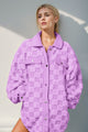 Double Take Button Up Fuzzy Checkered Shacket Lilac