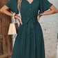 Buttoned V-Neck Flutter Sleeve Pleated Dress