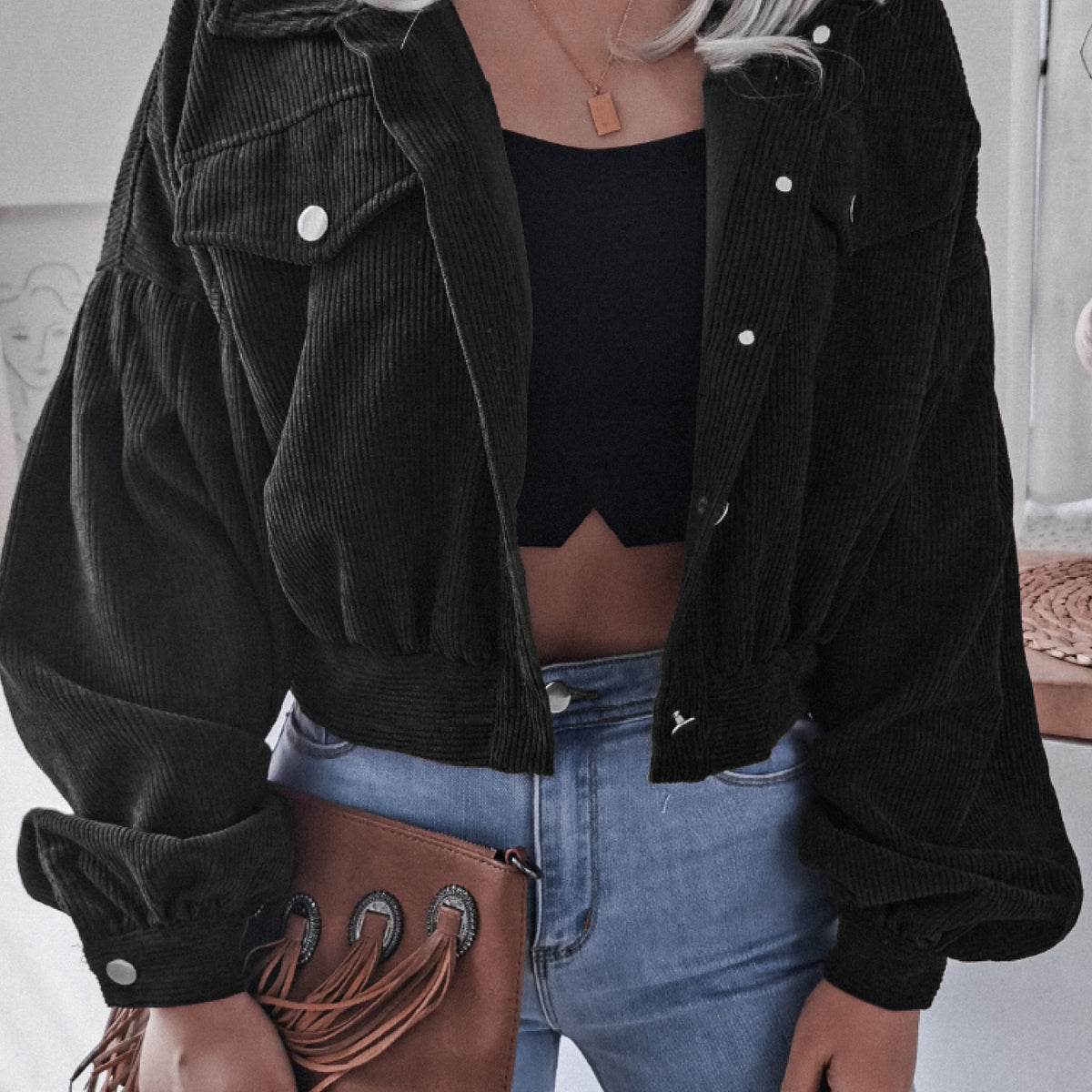 Lantern Sleeve Cropped Corduroy Jacket Black