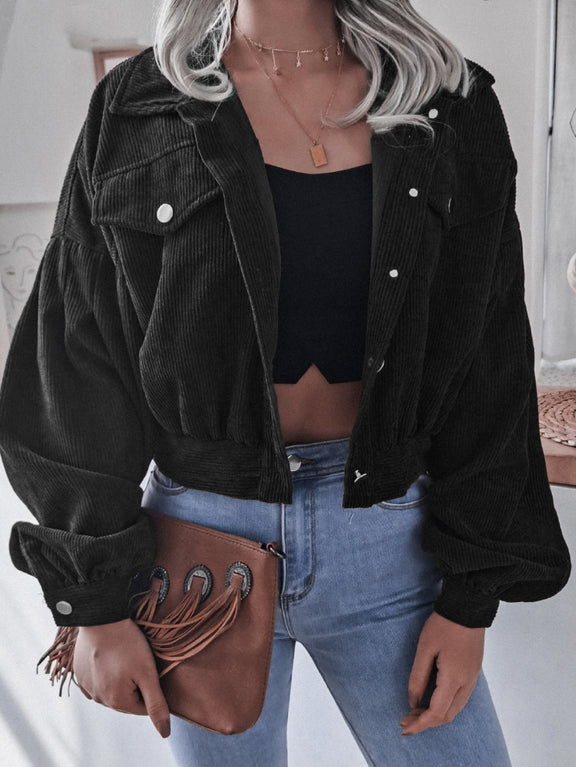 Lantern Sleeve Cropped Corduroy Jacket Black