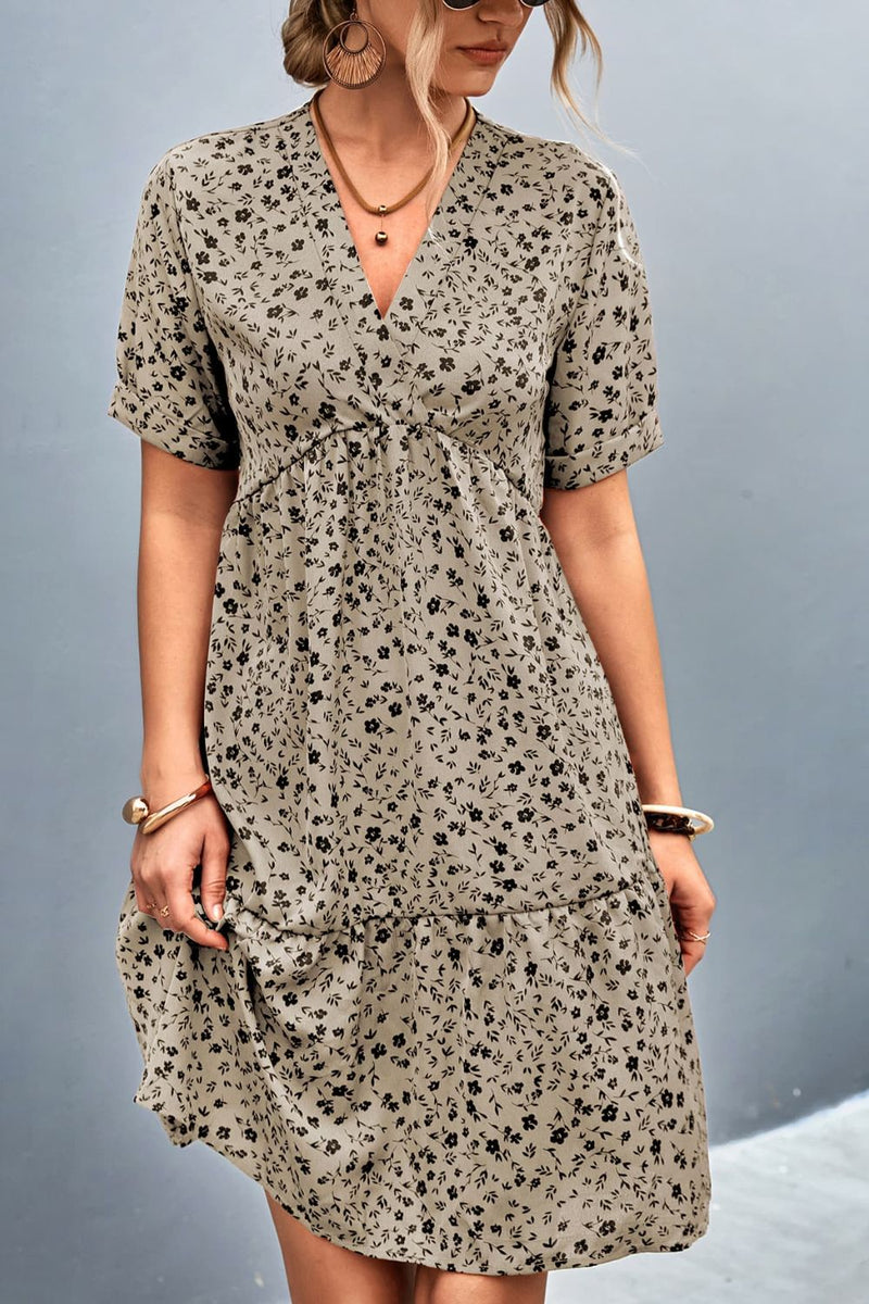 Ditsy Floral Empire Waist Plunge Short Sleeve Dress Khaki