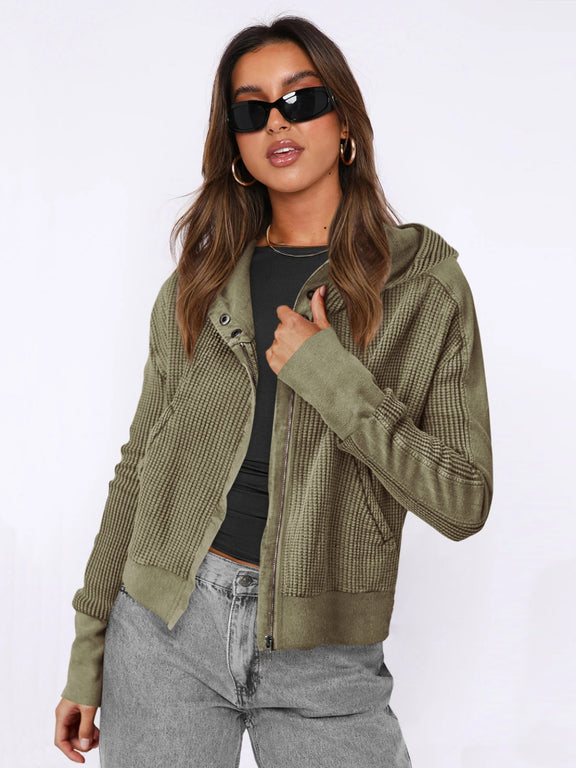Waffle-Knit Dropped Shoulder Hooded Jacket Matcha Green