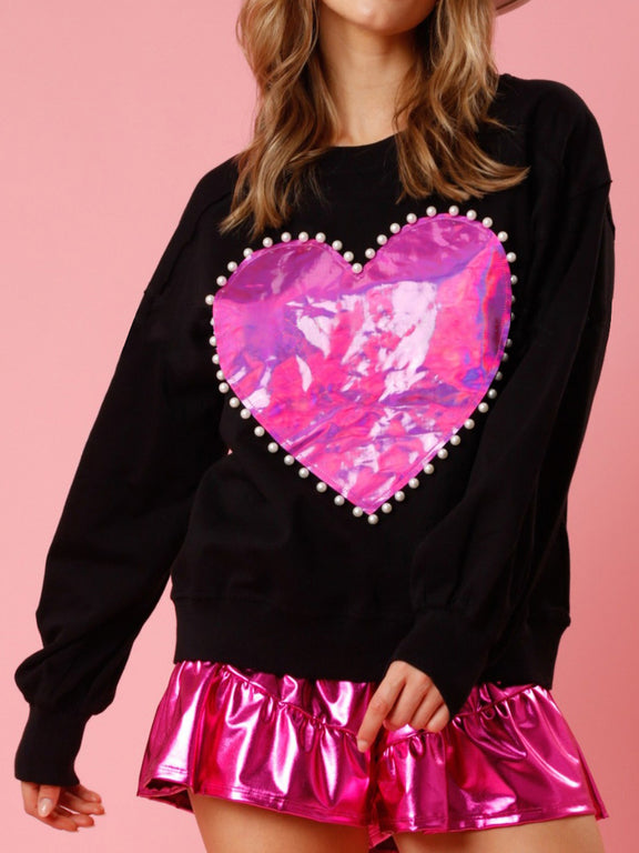 Pearl Trim Round Neck Sweatshirt Black
