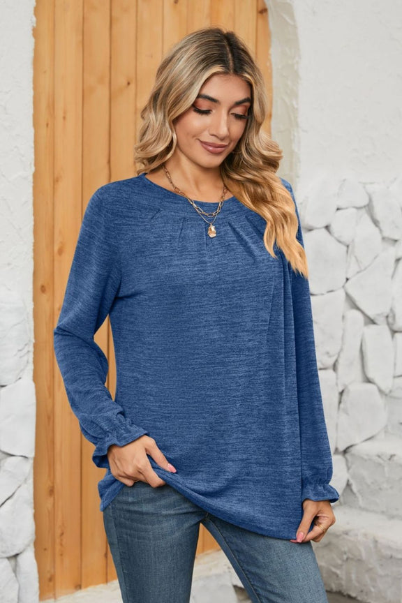 Ruched Round Neck Flounce Sleeve T-Shirt Dusty Blue