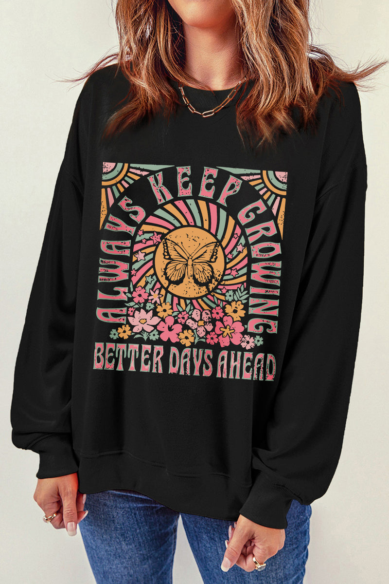 Graphic Round Neck Long Sleeve Sweatshirt Black