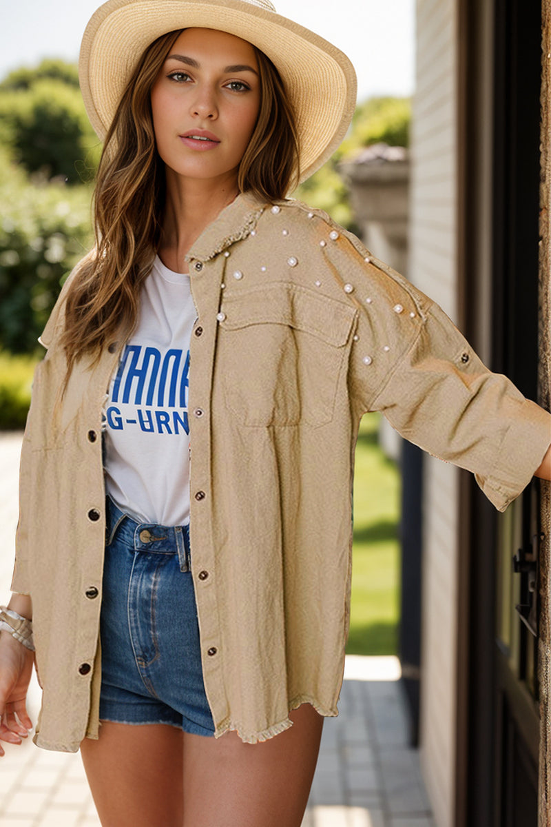 Raw Hem Pearl Trim Dropped Shoulder Denim Jacket Tan