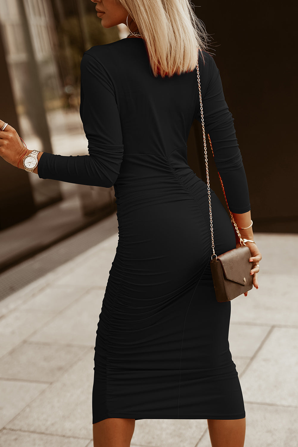 Ruched Surplice Long Sleeve Midi Dress Bellesima Ruched Surplice Long Sleeve Midi Dress Bellesima