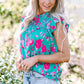 Full Size Ruffled Printed Mock Neck Cap Sleeve Blouse