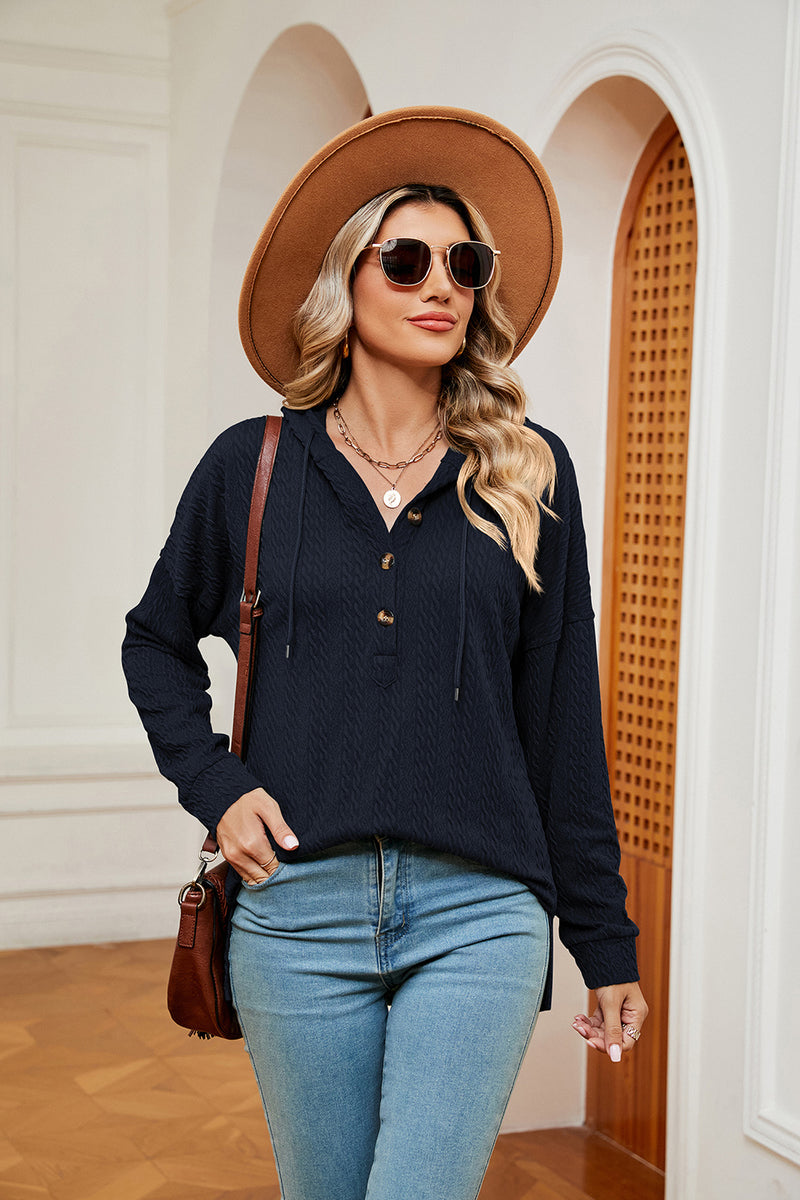 Half-Button Dropped Shoulder Hoodie Navy