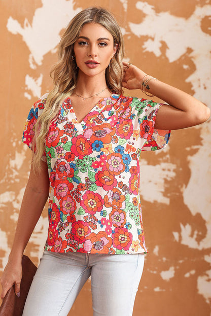Printed Notched Short Sleeve Blouse Multicolor