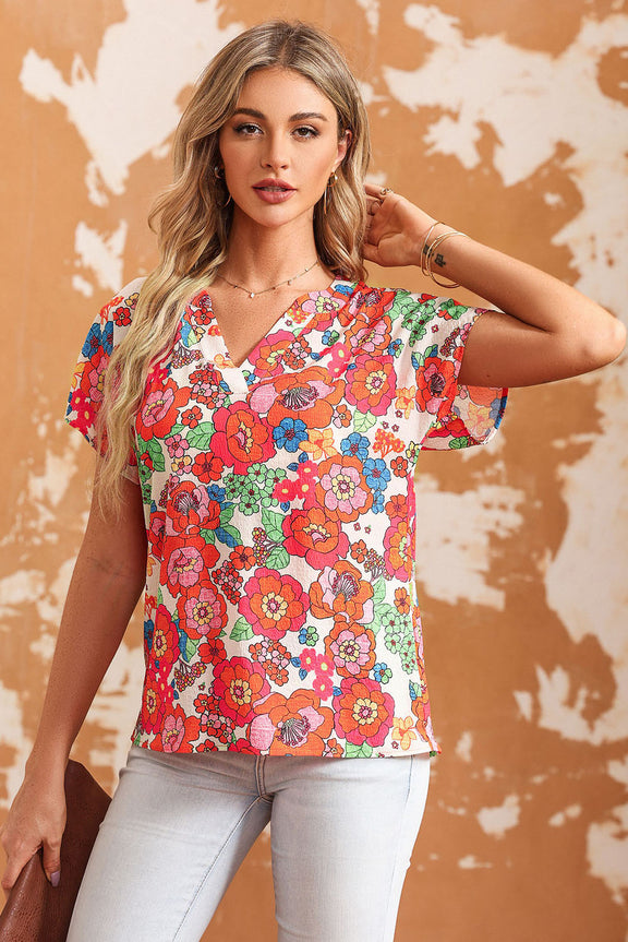 Printed Notched Short Sleeve Blouse Multicolor