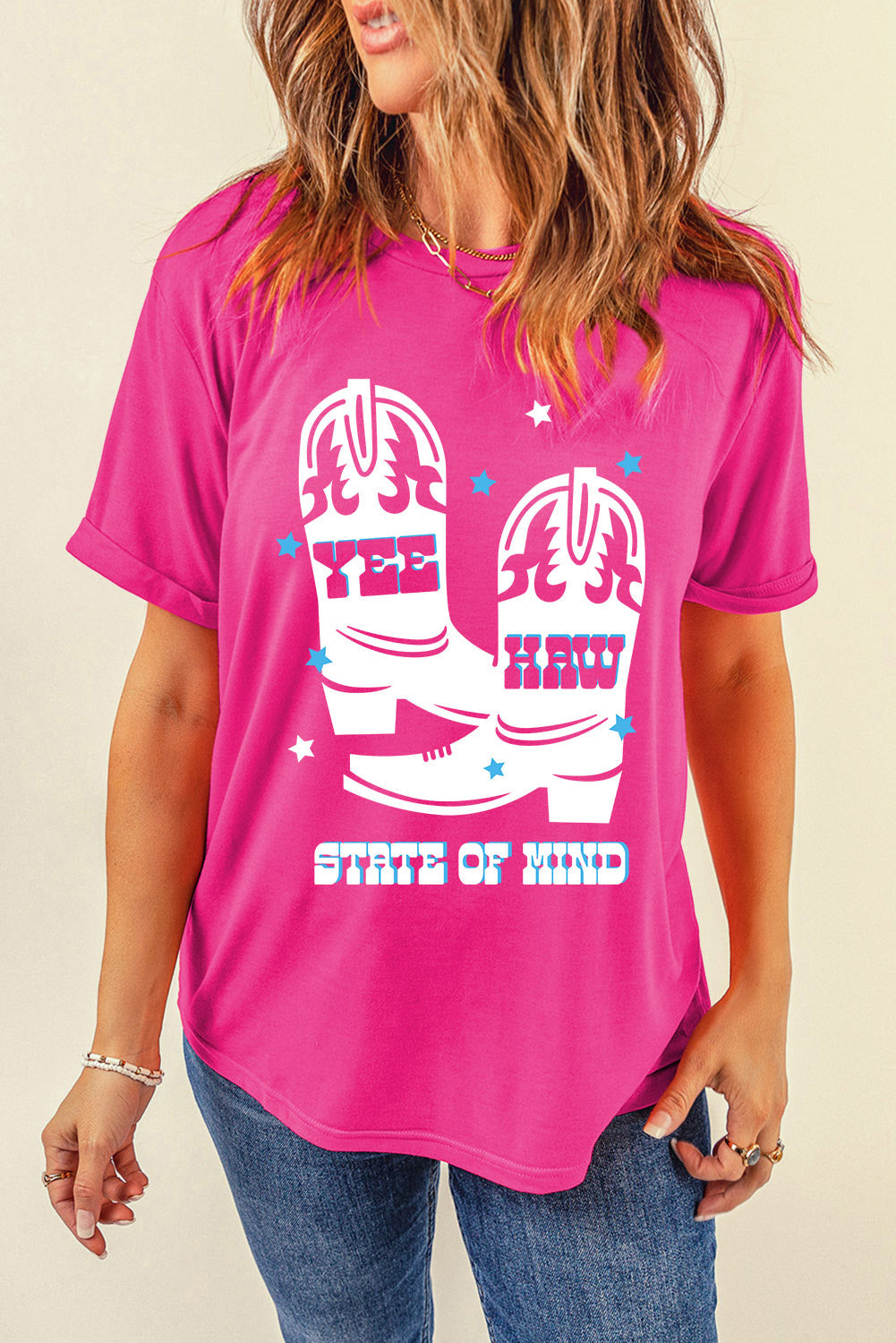 Graphic Round Neck Short Sleeve T-Shirt Hot Pink