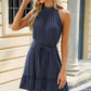 Ruched Grecian Neck Tie Waist Mini Dress