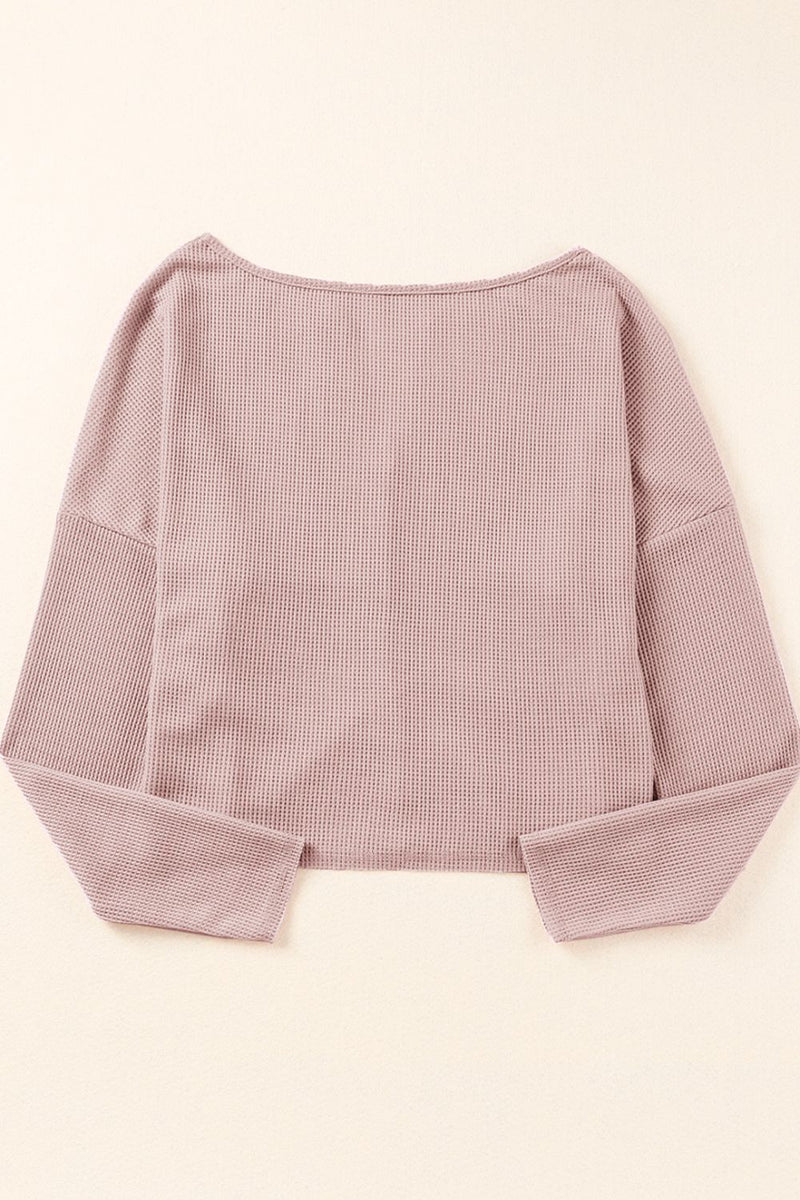 Waffle-Knit Dropped Shoulder Notched Top