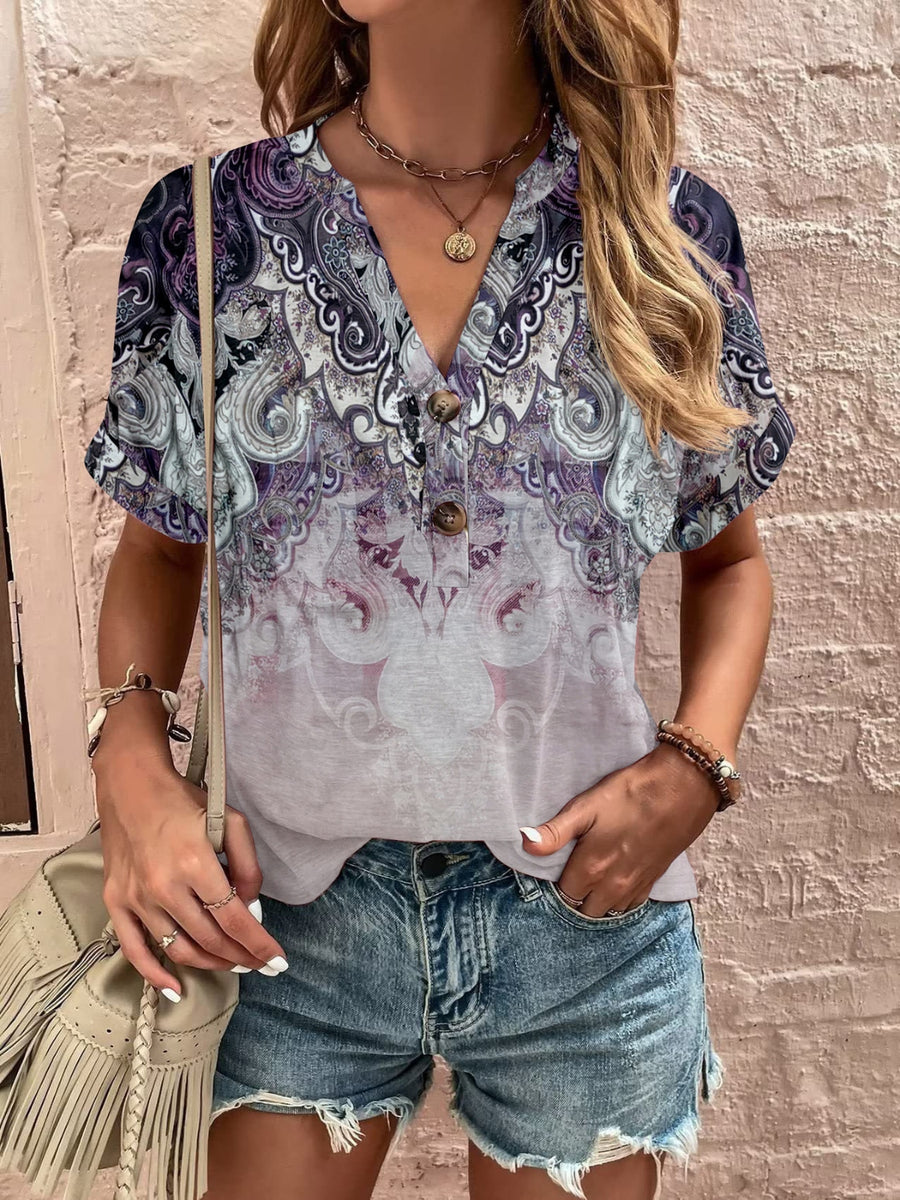 Full Size Printed Notched Short Sleeve Blouse Pink Purple