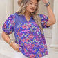 Plus Size Printed Notched Short Sleeve Blouse