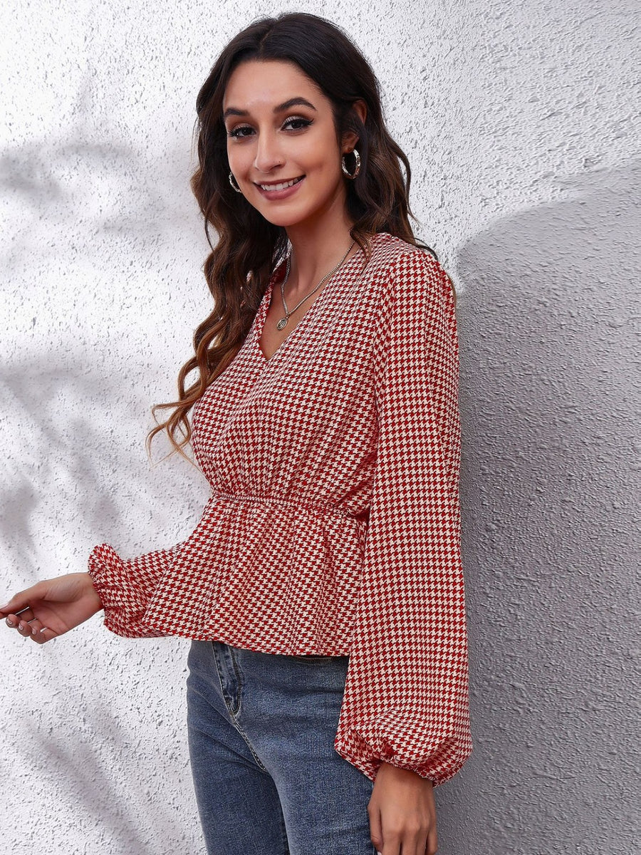 Ruched Printed V-Neck Long Sleeve Blouse Deep Red