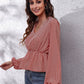 Ruched Printed V-Neck Long Sleeve Blouse