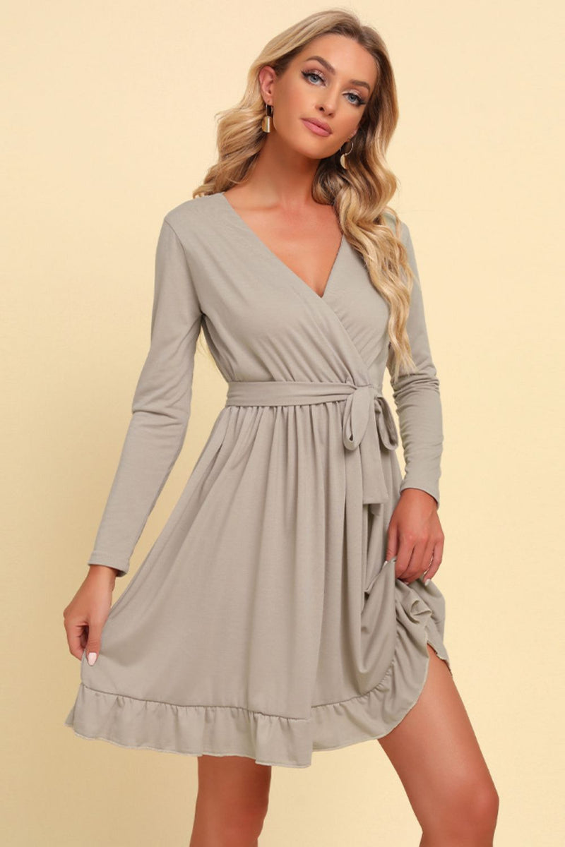 Long Sleeve Tie Waist Ruffle Hem Dress Tan
