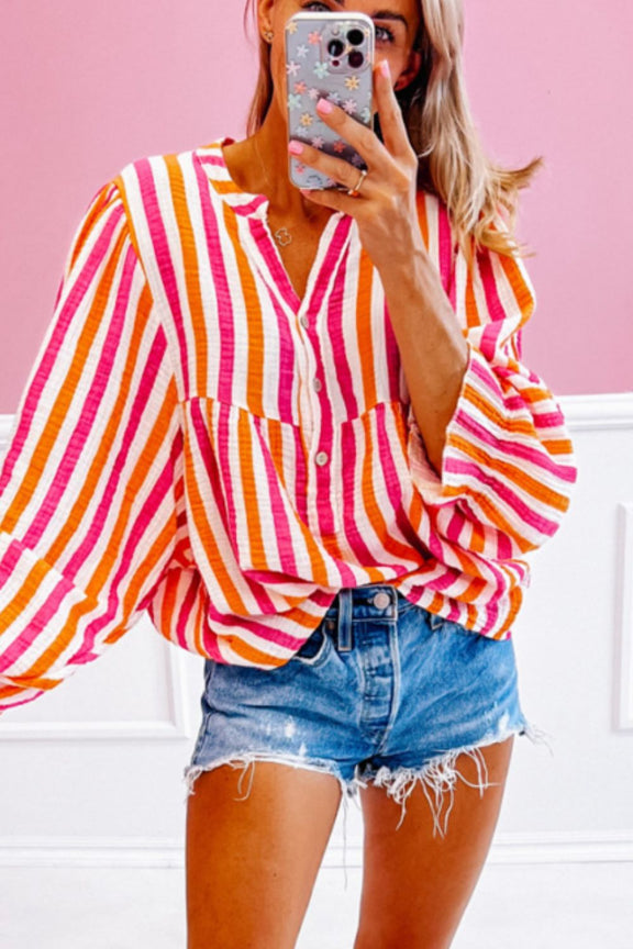 Striped Notched Flounce Sleeve Blouse Red