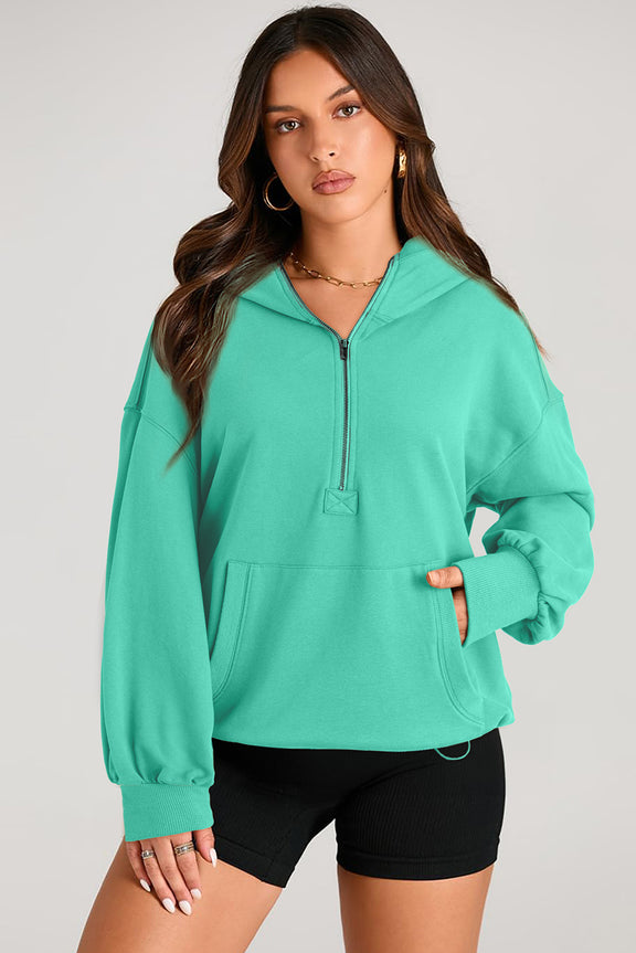 Pocketed Half Zip Long Sleeve Hoodie Turquoise