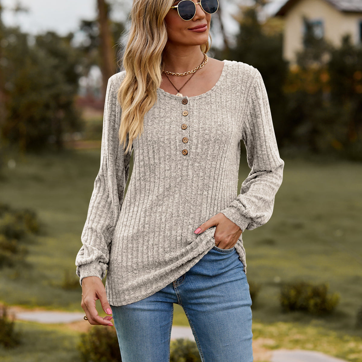 Round Neck Button-Down Long Sleeve Tee Tan