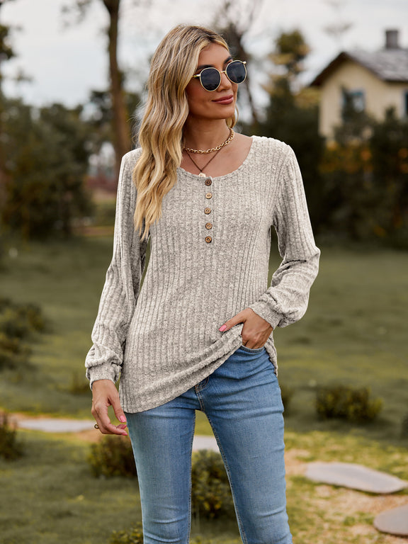 Round Neck Button-Down Long Sleeve Tee Tan