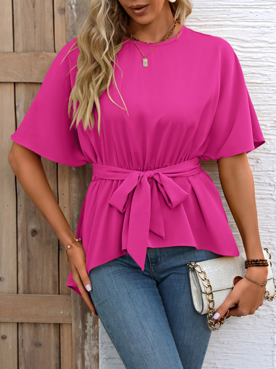 Ivy Lane Tied Round Neck Half Sleeve Blouse Hot Pink