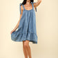 VERY J Shoulder Tie Washed Denim Mini Dress