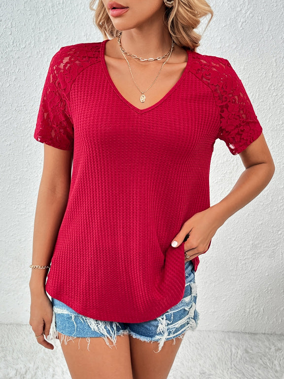 Ivy Lane Lace Detail V-Neck Short Sleeve T-Shirt Scarlet