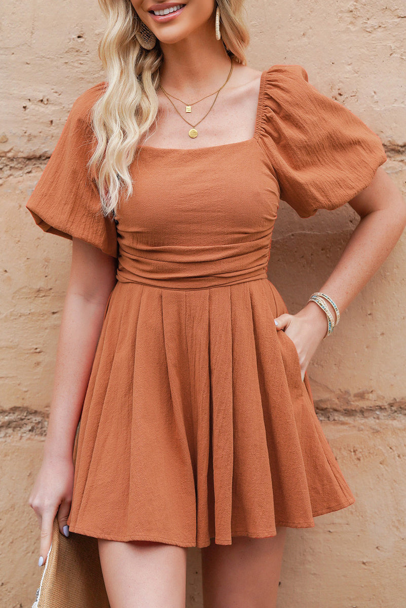 Square Neck Pleated Romper with Pockets Ochre