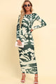 Printed Backless Long Sleeve Maxi Dress Green Camouflage