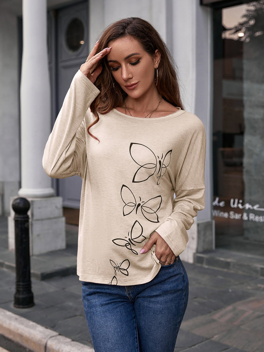 Ivy Lane Butterfly Round Neck Dropped Shoulder Blouse Ivory