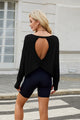 Backless Round Neck Long Sleeve T-Shirt Black