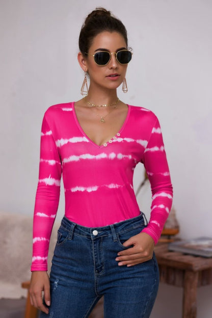 Tie-Dye Plunge Long Sleeve Top Hot Pink