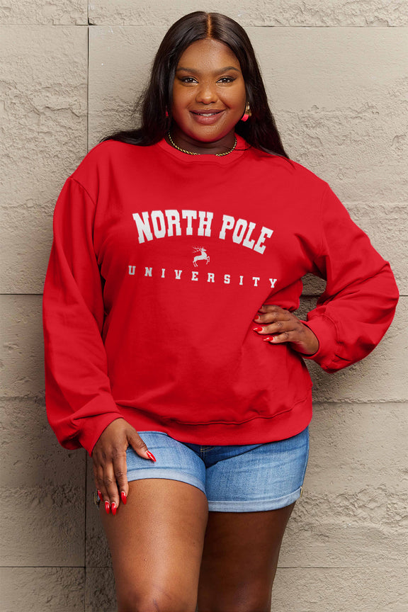 Simply Love Full Size NORTH POLE UNIVERSITY Graphic Sweatshirt Burgundy