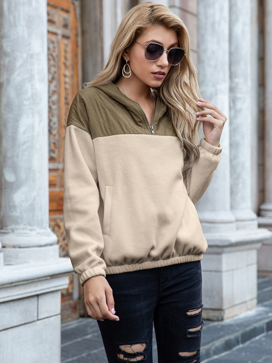 Ivy Lane Pocketed Color Block Quarter Zip Hoodie Khaki