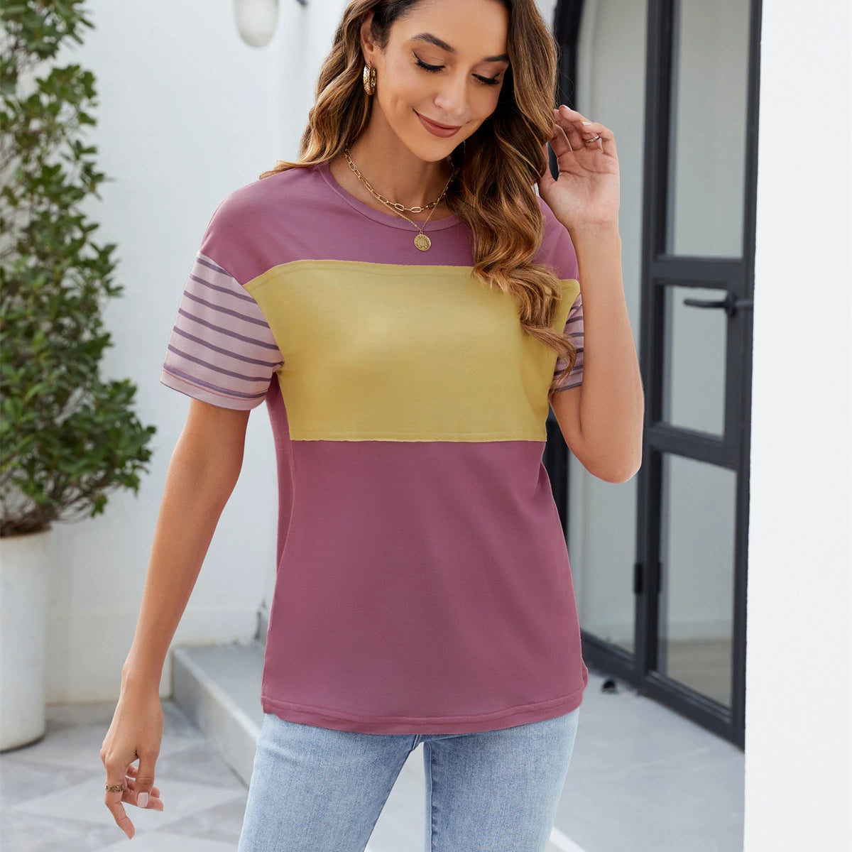 Color Block Round Neck Short Sleeve T-Shirt