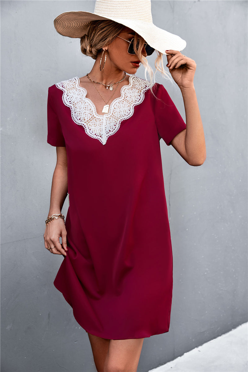 Spliced Lace Contrast Short Sleeve Dress Wine