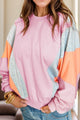 Color Block Round Neck Long Sleeve Sweatshirt Blush Pink