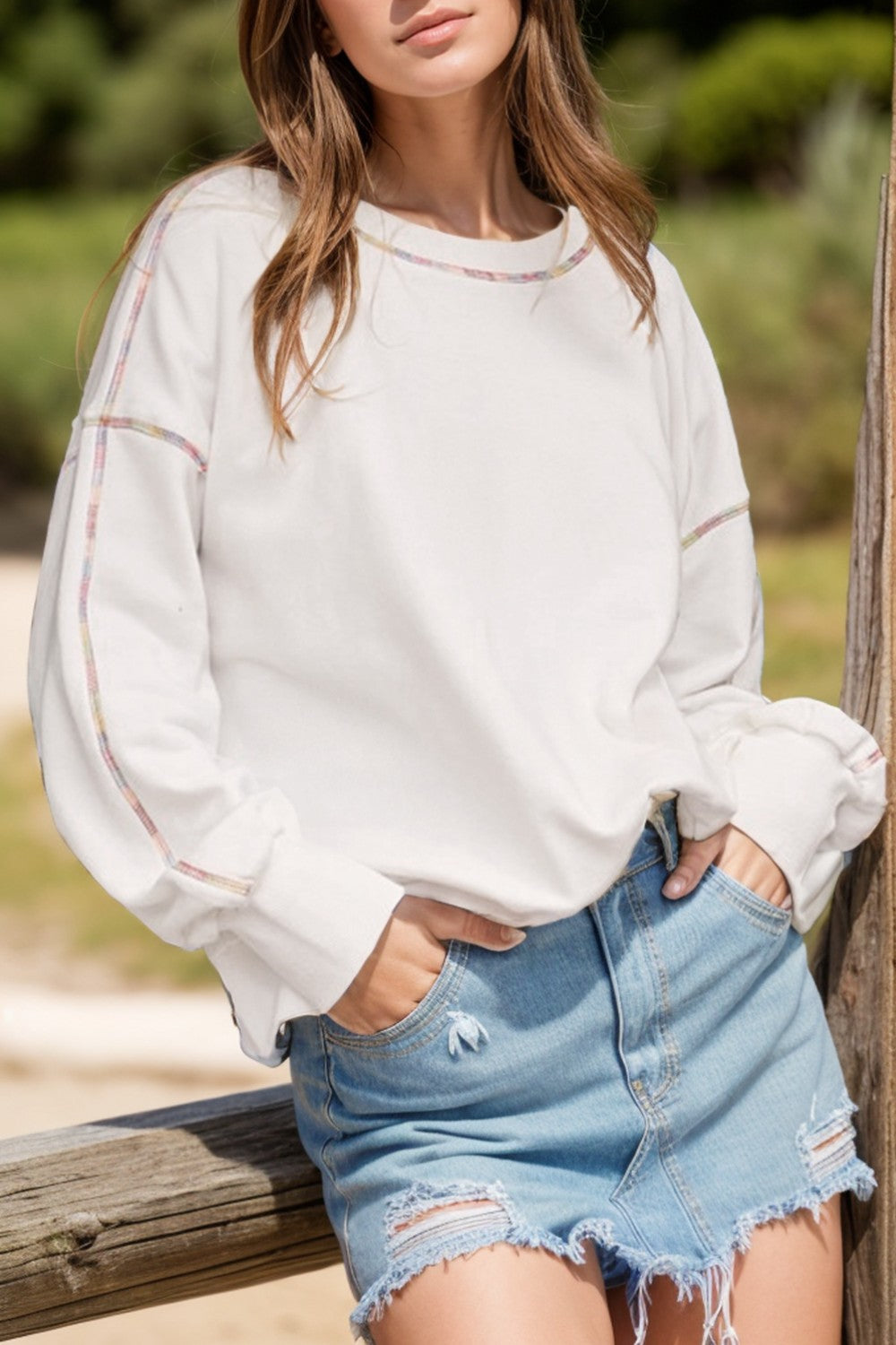 Rainbow Trim Round Neck Long Sleeve Sweatshirt White