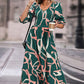 Printed Smocked V-Neck Three-Quarter Sleeve Midi Dress