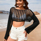 Openwork Boat Neck Long Sleeve Cover-Up