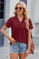 Ruched Johnny Collar Short Sleeve Blouse Burgundy