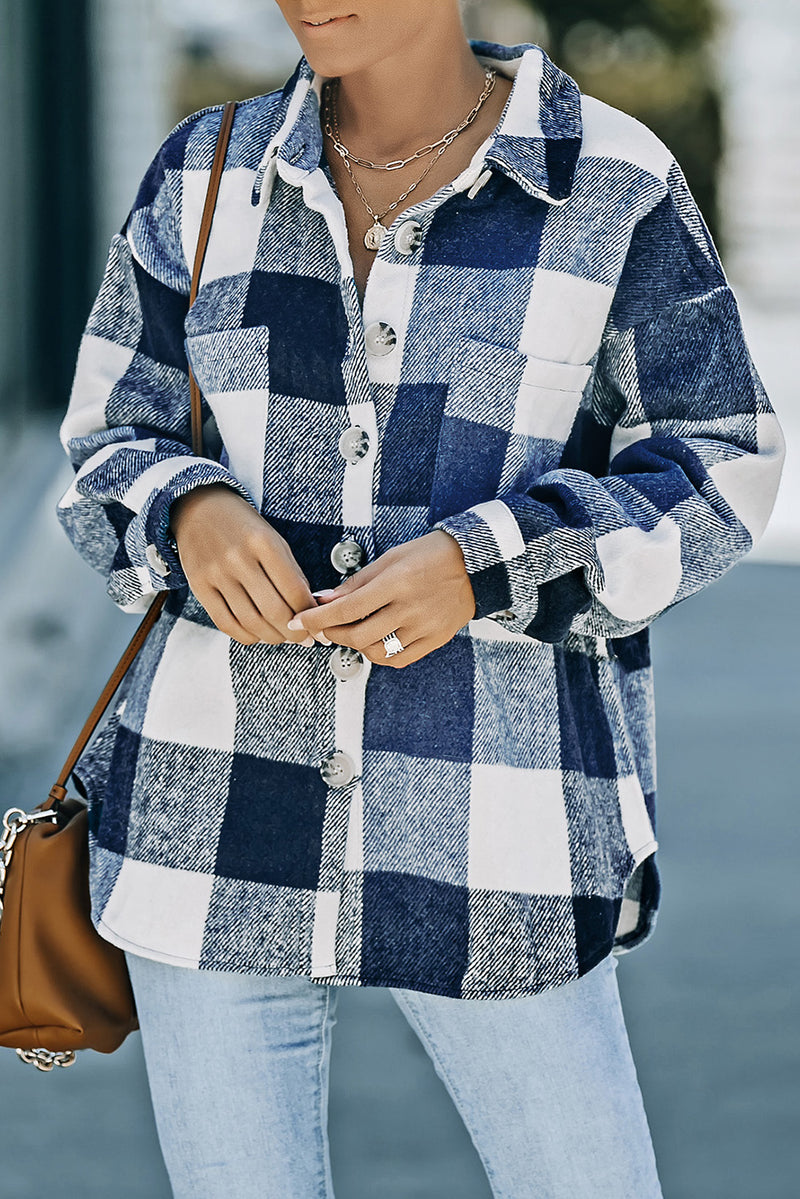 Plaid Button Up Dropped Shoulder Jacket Dusty Blue