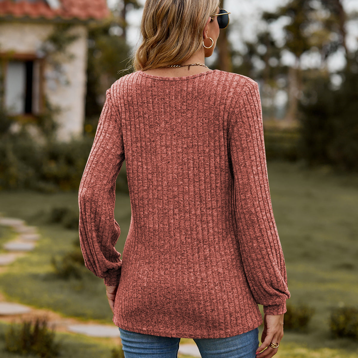 Round Neck Button-Down Long Sleeve Tee