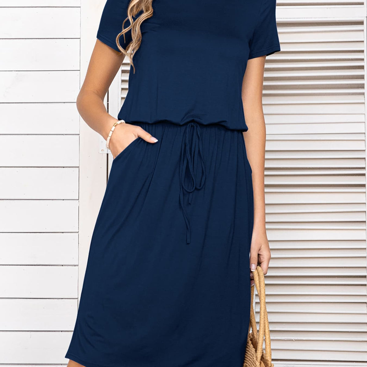 Round Neck Short Sleeve Slit Dress with Pockets Navy